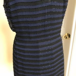 Bieff Basix Silk Black & Blue Striped Mini Cocktail Dress Sleeveless EUC Size 2